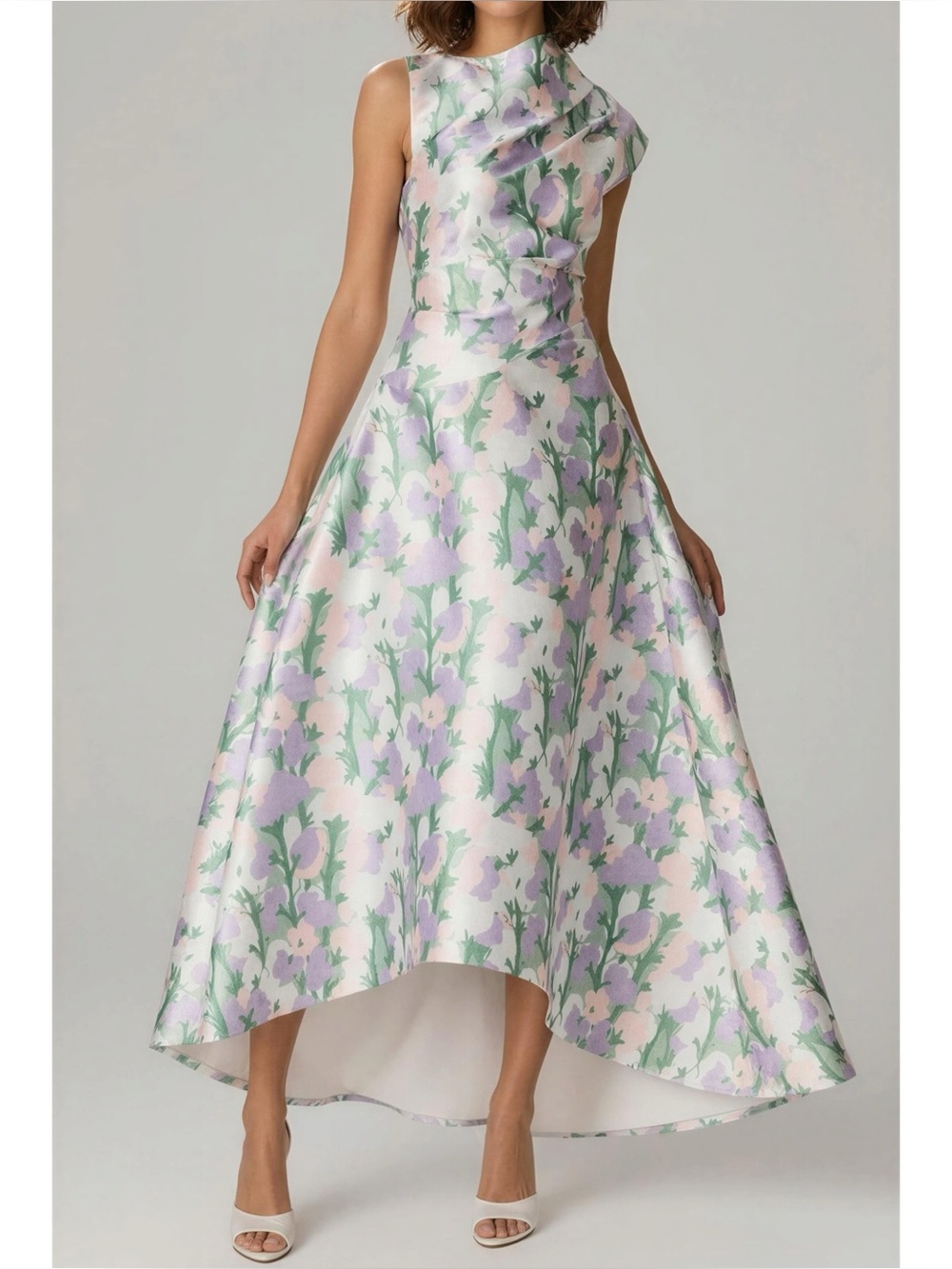 ELLIATT Lavina Asymmetrical Gown, Green Purple Floral, Medium